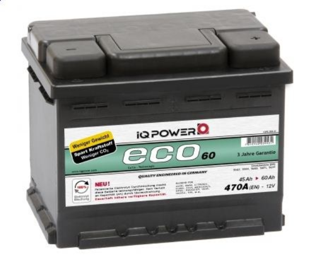 Ein weißes Hintergrundbild einer iqpower eco 60 Automobilbatterie mit einem Wasserzeichen in der linken oberen Ecke.