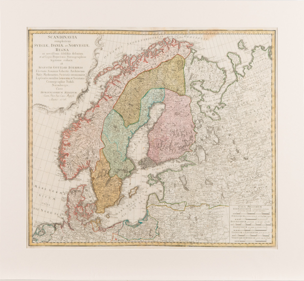 Klassisch gerahmte Landkarte von Skandinavien mit Schweden, Dänemark und Norwegen sowie sichtbaren Provinzen.