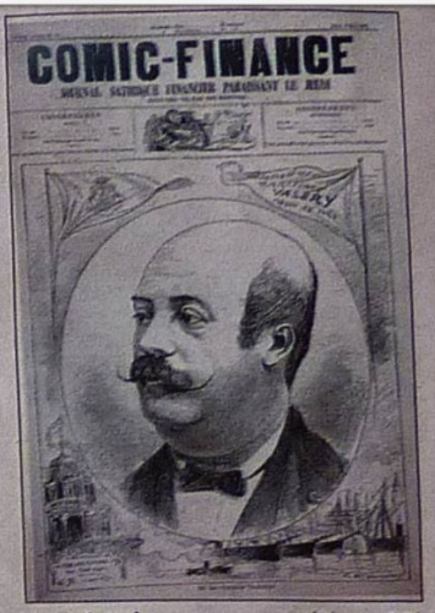 Ein ernster Mann mit Schnurrbart, der einen Anzug und Krawatte trägt, schaut konzentriert in die Ferne auf dem Comicbuchumschlag "Comic Finance".