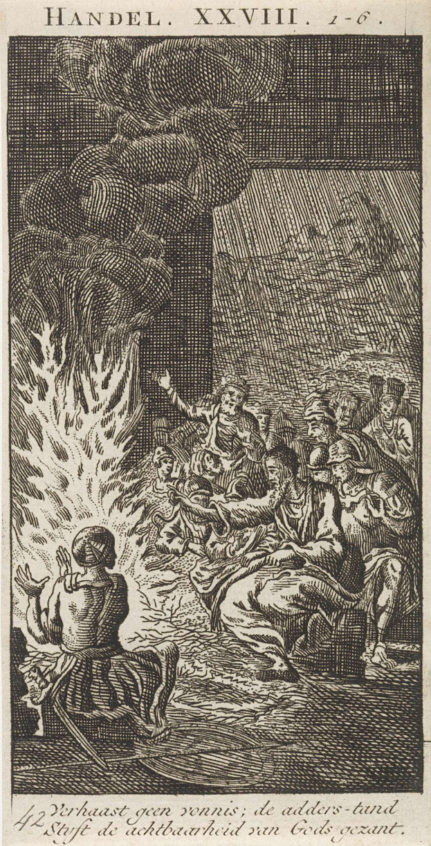 Schwarze und weiße Gravur einer Gruppe von Menschen, die sich um ein hell brennendes Feuer versammelt haben, einige schauen ängstlich nach oben und andere ehrfürchtig nach unten, mit Text oben und unten auf dem Papier.