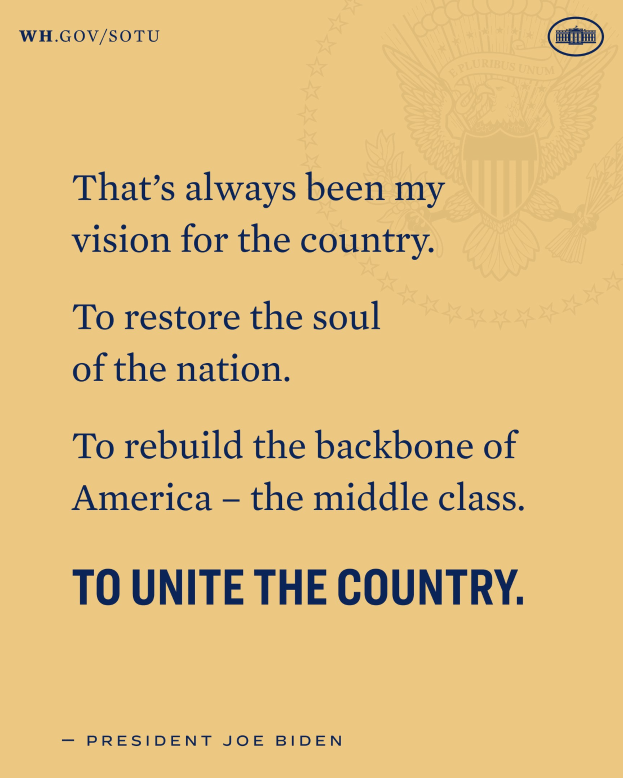 Plakat mit Zitat von Präsident Joe Biden zur Wiederherstellung der nationalen Einheit und dem Wiederaufbau der Mittelschicht