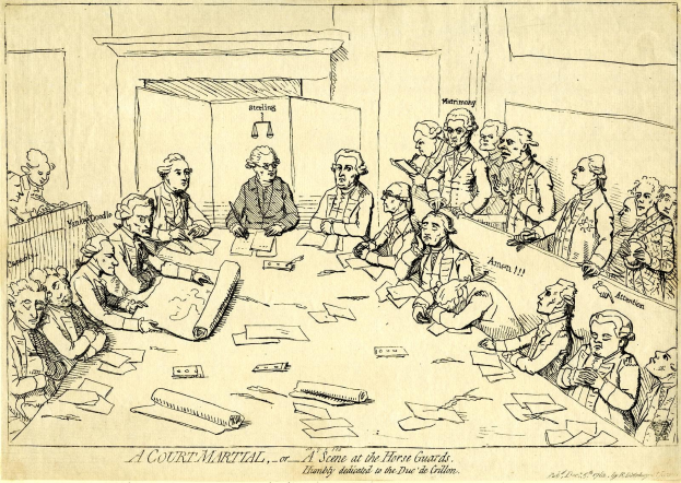 Gerichtssaal-Szene mit Anwälten um einen mit Dokumenten und Gegenständen bedeckten Tisch, mit Text unten.