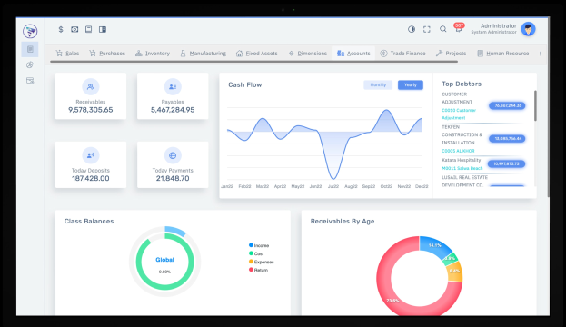 Laptop-Bildschirm mit einer Finanzmanagement-Dashboard mit Graphen und Text auf einem weißen Hintergrund mit einem blauen Kopfbereich.