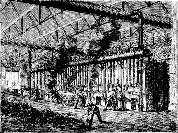 Schwarz-weiß-Zeichnung eines geschäftigen Stahlwerk-Innenraums aus den 1910er Jahren mit Arbeitern, Pfählen und Maschinen.