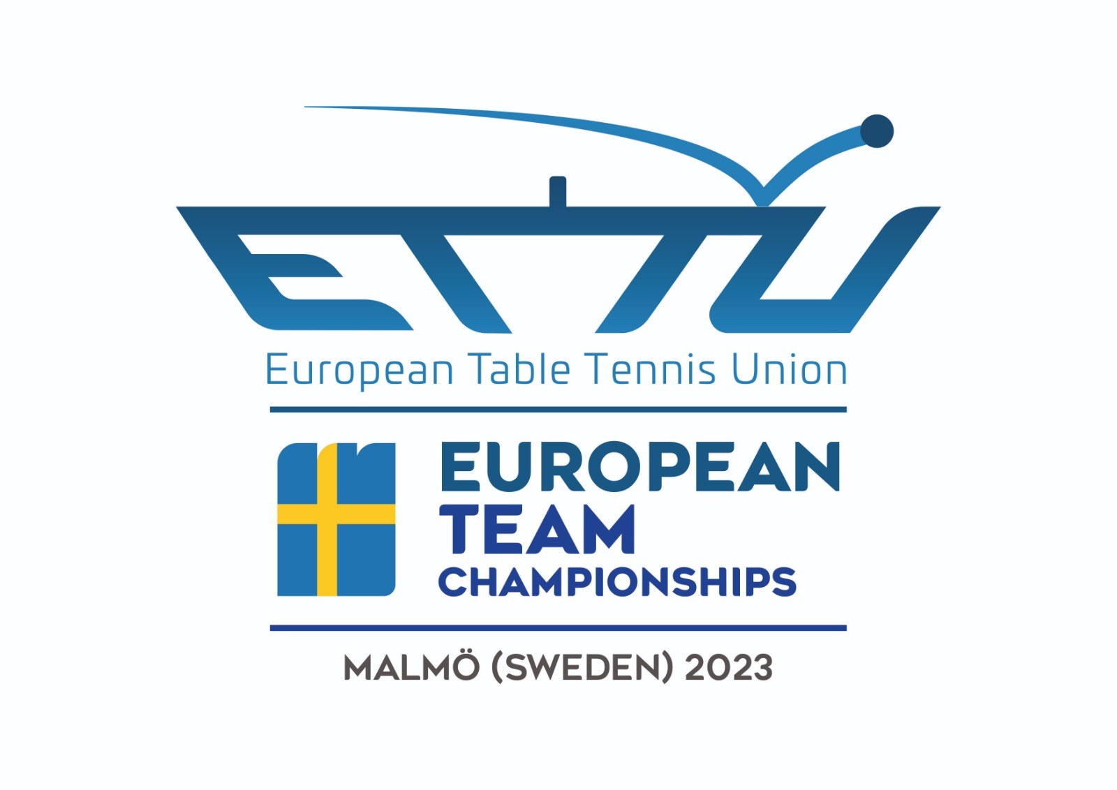 Logo der Europäischen Tischtennis-Union (ETTU) mit dem Text "Europäische Mannschaftsmeisterschaften" darunter; das Logo zeigt einen blauen Kreis mit einem weißen Tischtennisschläger in der Mitte, umgeben von einem weißen und blauen Rand, und der Text ist in fetter schwarzer Schrift geschrieben.