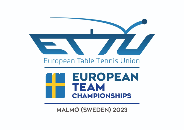 Logo der Europäischen Tischtennis-Union (ETTU) mit dem Text "Europäische Mannschaftsmeisterschaften" darunter; das Logo zeigt einen blauen Kreis mit einem weißen Tischtennisschläger in der Mitte, umgeben von einem weißen und blauen Rand, und der Text ist in fetter schwarzer Schrift geschrieben.