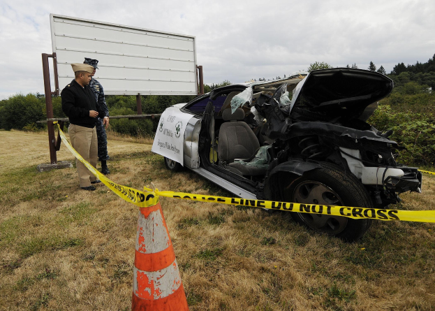 Ein Polizeibeamter in Uniform steht neben einem schwer beschädigten Auto am Straßenrand mit eingedellter Haube und zersplitterten Fenstern, neben einem Verkehrskegel und einem bandagierten Pfahl, mit Bäumen und einem bewölkten Himmel im Hintergrund.