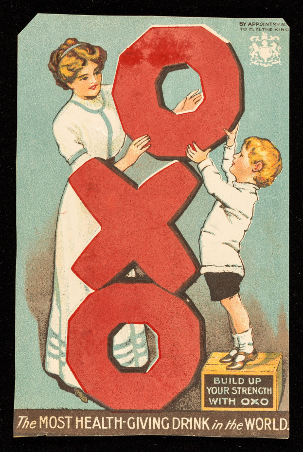 Ein Plakat, das eine Frau und einen Jungen zeigt, die Seite an Seite stehen und jeweils eine große Zahl halten, mit dem Text "Das gesündeste Getränk der Welt" und hellen, fröhlichen Farben.