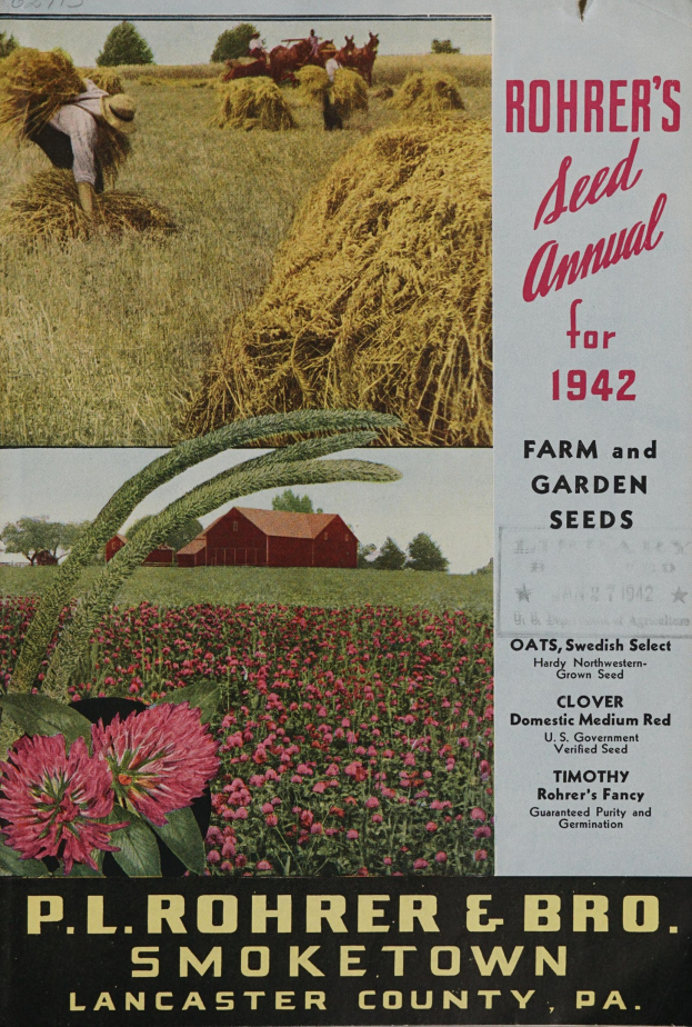 Ein Plakat für Rohrer's Saatgut-Jahrbuch 1942 mit einer bunten Auswahl an Blumen, Pflanzen, Gras, einer Person, einem Haus, Bäumen und einem klaren blauen Himmel, mit Texten, die Informationen über die Saatgutarten enthalten.