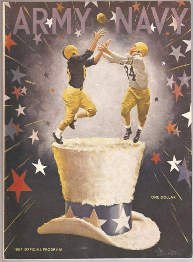 Plakat von zwei Füßballspielern in gelben Uniformen und Helmen, die einen Ball fangen, mit dem Text "1954 Army Navy Football Program" oben auf einem sternenklaren Hintergrund.