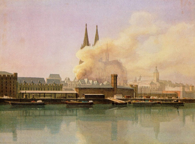 Gemälde einer 19. Jahrhundert-Köln-Stadtansicht mit Booten, Gebäuden, Rauch und Himmel, mit dem Text "Köln, Deutschland im 19. Jahrhundert" unten.