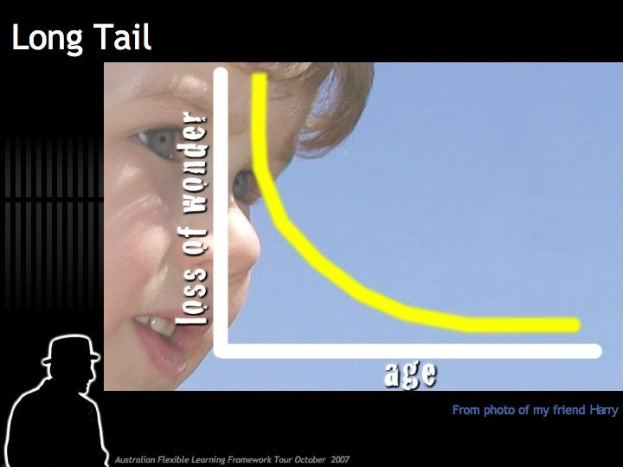 Ein Plakat mit einem traurigen Kindergesicht links, zentraler Graph und Text, der "long tail loss of wonder" liest.
