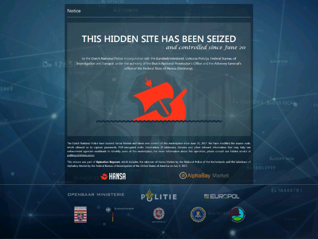 Computerbildschirm mit der Anzeige "Diese verdeckte Website wurde beschlagnahmt" und Logo der niederländischen Polizei mit einem blauen Schild und einem weißen Stern.