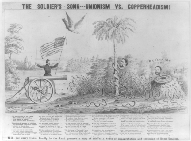 Plakat mit einer Person auf einer Kanone stehend, eine Fahne haltend, umgeben von Bäumen, Pflanzen und einer Schlange, betitelt 'The Soldier's Song - Unionism vs Copperheadism.'