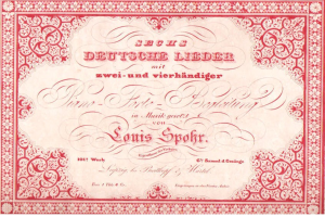 Ein altes deutsches Aktienzertifikat mit rotem Rand und weißem Hintergrund, das den Text 'Louis Spohr - Zweites Deutsches Lieder' trägt.