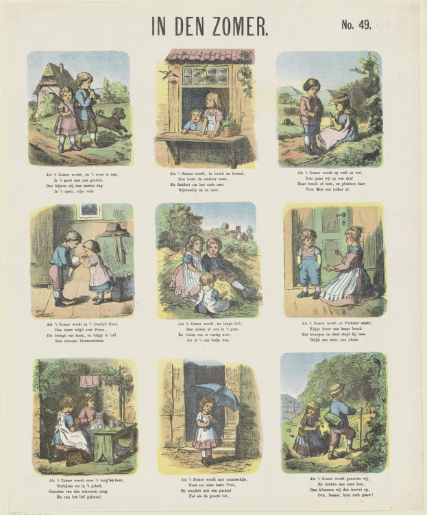 Ein buntes Kinder-Malbild von Kindern, die in einem grünen Garten mit Bäumen spielen, in bunten Kleidern und mit strahlenden Gesichtern, begleitet von spielerischem Text.
