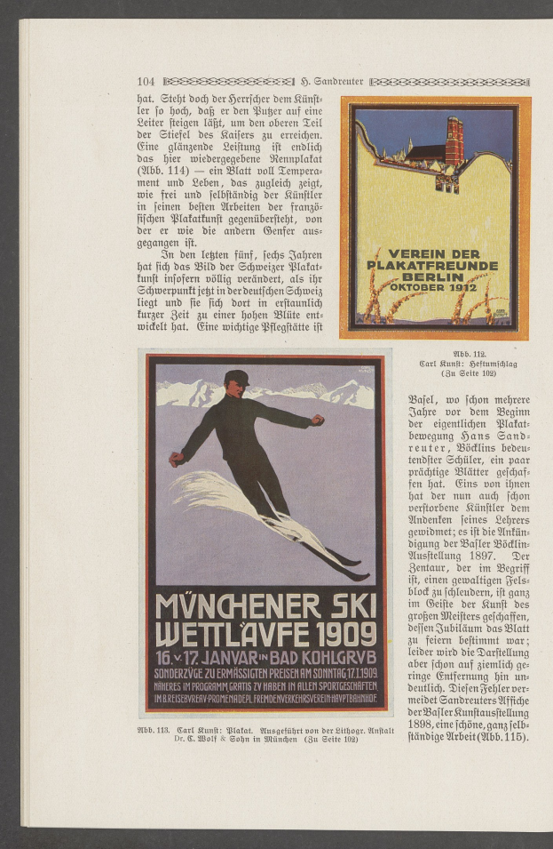 Plakatwerbung für das Münchner Ski-Wettlaufen 1909, das eine Person in einem Neoprenanzug und Helm zeigt, die eine schneebedeckte Piste mit einem blauen Himmel im Hintergrund hinunterfährt.