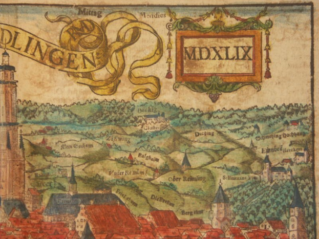 Alte detaillierte Karte von Dlingen, Deutschland, zeigt Gebäude, Bäume und dekorativen Text mit umliegenden Städten und Landschaft.