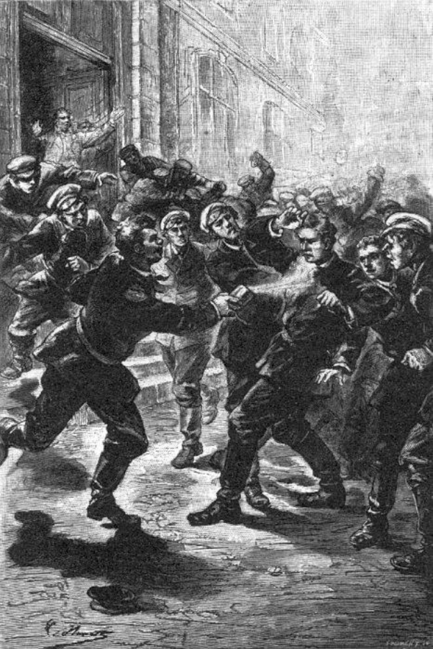 Schwarz-weiß-Illustration einer gewalttätigen Straßenschlägerei zwischen Gruppen von Männern im viktorianischen London, mit einem Gebäude im Hintergrund und dem Text 'Victorian riots in London, England' unten.