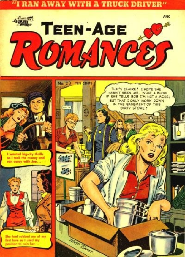 Ein buntes Plakat mit der Aufschrift 'Teen-Age Romances 23-A von DC', das eine Gruppe von Menschen in einer fröhlichen, romantischen Umarmung zeigt, mit fetter Schrift und leuchtenden Farben.