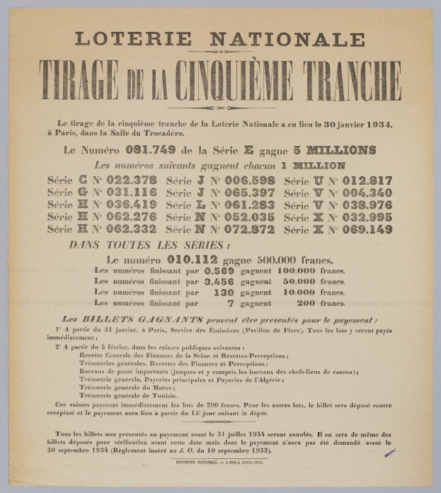 Lotterielos mit der Aufschrift "Loterie Nationale Tirage de la Cinquième Tranche" mit gedruckten Zahlen, die einen Geldpreis angeben.
