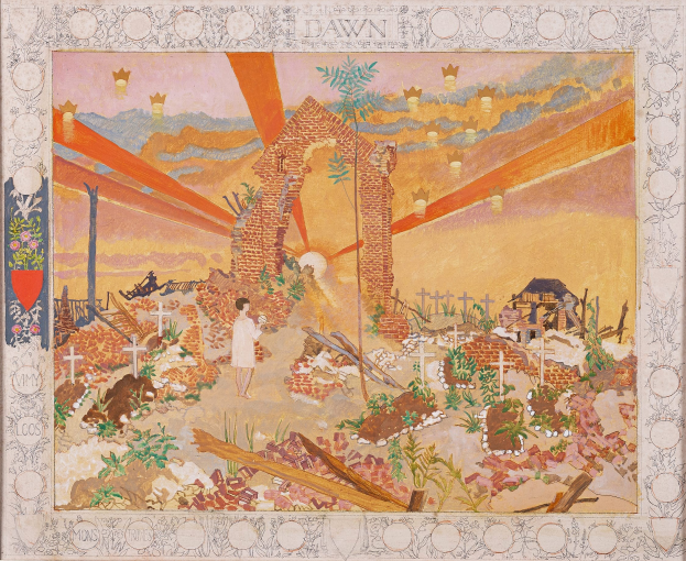 Gemälde eines Mannes vor einem zerstörten Gebäude mit Pflanzen, Häusern und Gegenständen im klassischen Stil gerahmt.