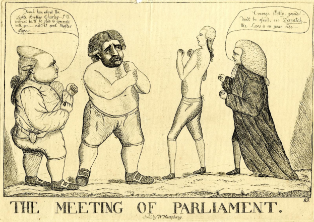 Ein Papier drawing mit dem Titel "Die Parlamentssitzung" zeigt drei Personen, die stehen und diskutieren, wobei eine Person energisch gestikuliert.