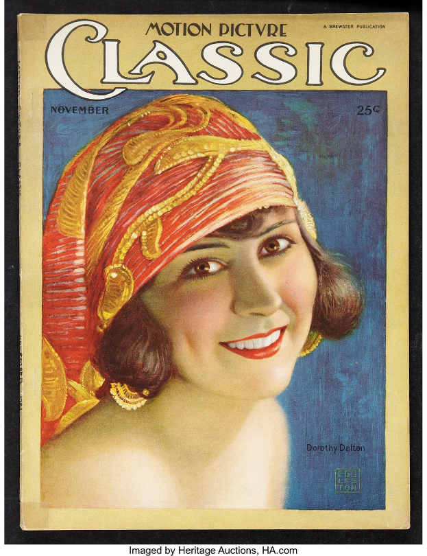 Frau mit rotem Turban auf dem Cover einer Zeitschrift mit dem Titel 'Motion Picture Classic', die fröhlich lächelt.
