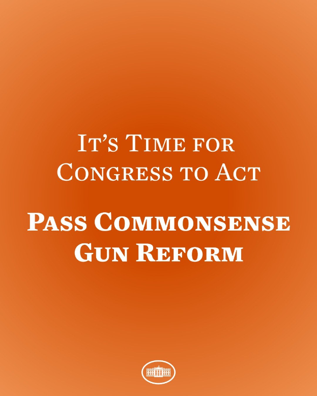 Plakat mit fetter schwarzer Schrift "Es ist an der Zeit, dass der Kongress handelt, indem er vernünftige Waffengesetzreform verabschiedet" auf einem orangen Hintergrund.