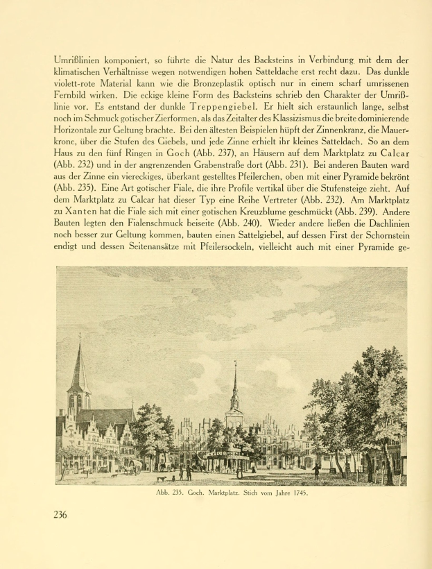 Offenes Buch mit einer Zeichnung einer Stadtlandschaft mit Gebäuden, Bäumen und Menschen sowie sichtbarem Text.