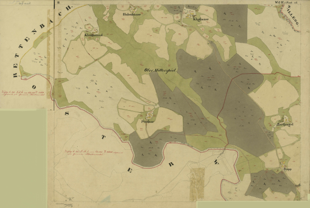 Eine alte Karte von Stuttgart, Deutschland, die Stadtgrenzen, Straßen, Gebäude, Sehenswürdigkeiten und Textdetails zeigt.