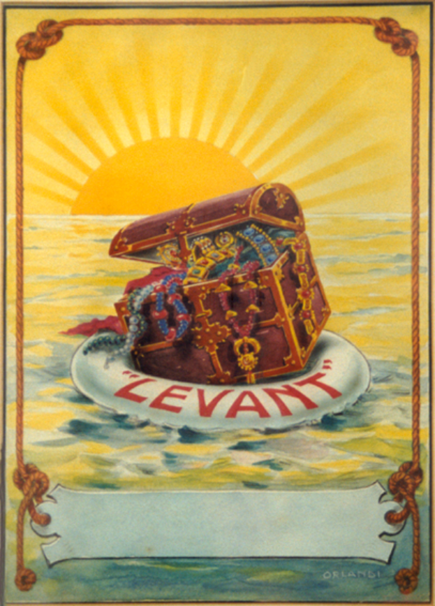 Ein Plakat, das eine auf ruhiger See schwimmende Schatzkiste zeigt, umgeben von einem Seil, mit einer strahlenden Sonne im Hintergrund und Text auf dem Plakat.