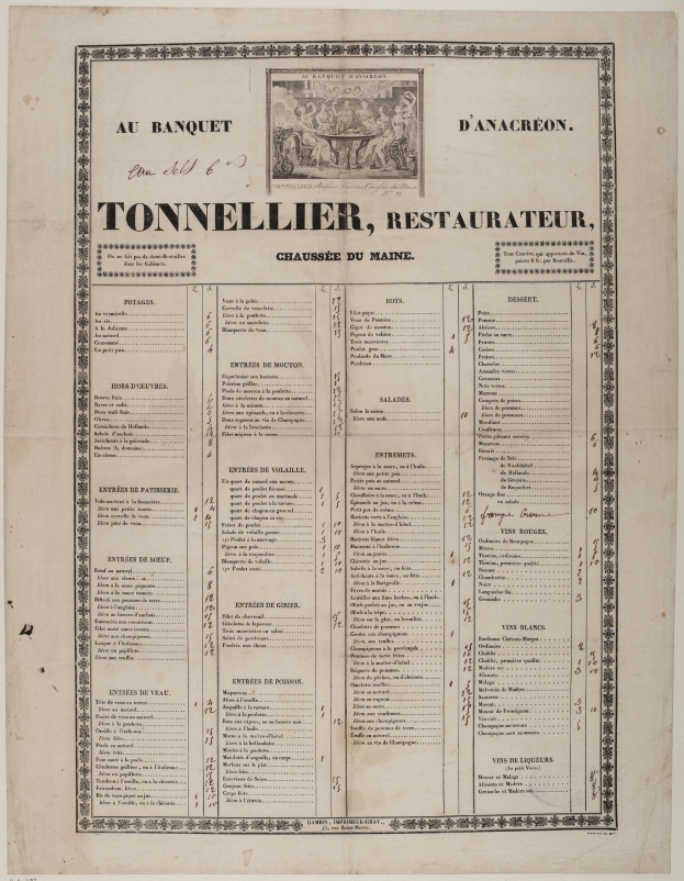 Ein altes Buch, das ein Restaurantmenü mit Text und ein Bild zeigt, das die Angebote des Restaurants beschreibt.