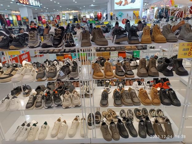 Ein Schuhgeschäfts-Innenraum mit verschiedenen Schuhen auf Gestellen, Preis-Schildern, Menschen im Hintergrund, Kleider-Displays, Decken-Lampen, einem Bildschirm und Text-Tafeln.