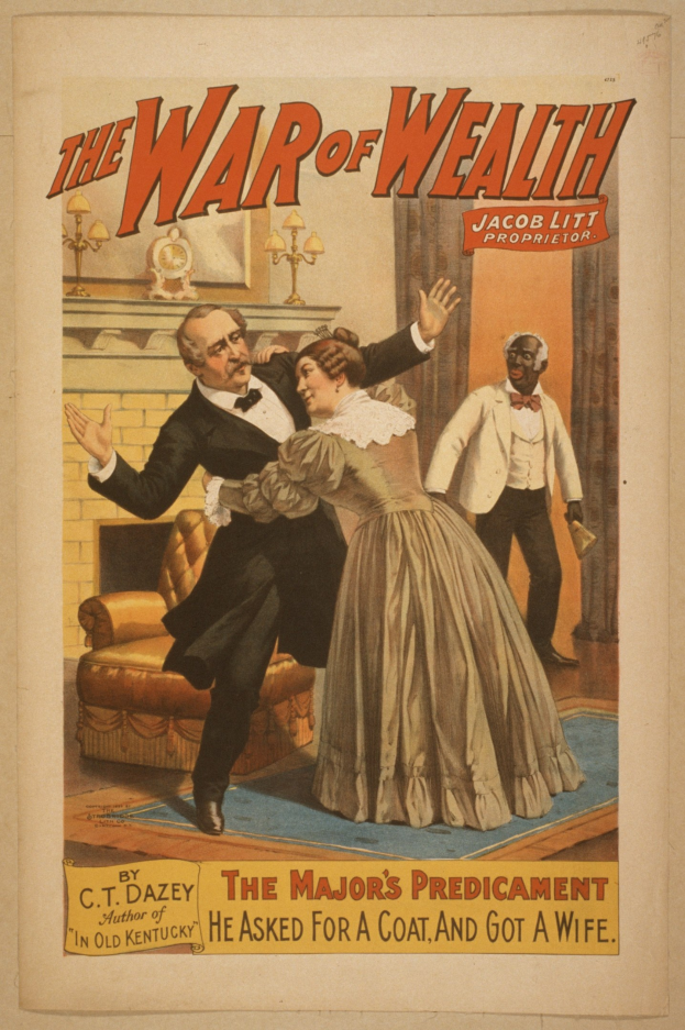 Plakat, das einen Mann und eine Frau in einem Raum mit Möbeln zeigt, betitelt mit "Der Krieg des Reichtums: Die missliche Lage des Majors, der um einen Mantel bat und eine Frau erhielt."