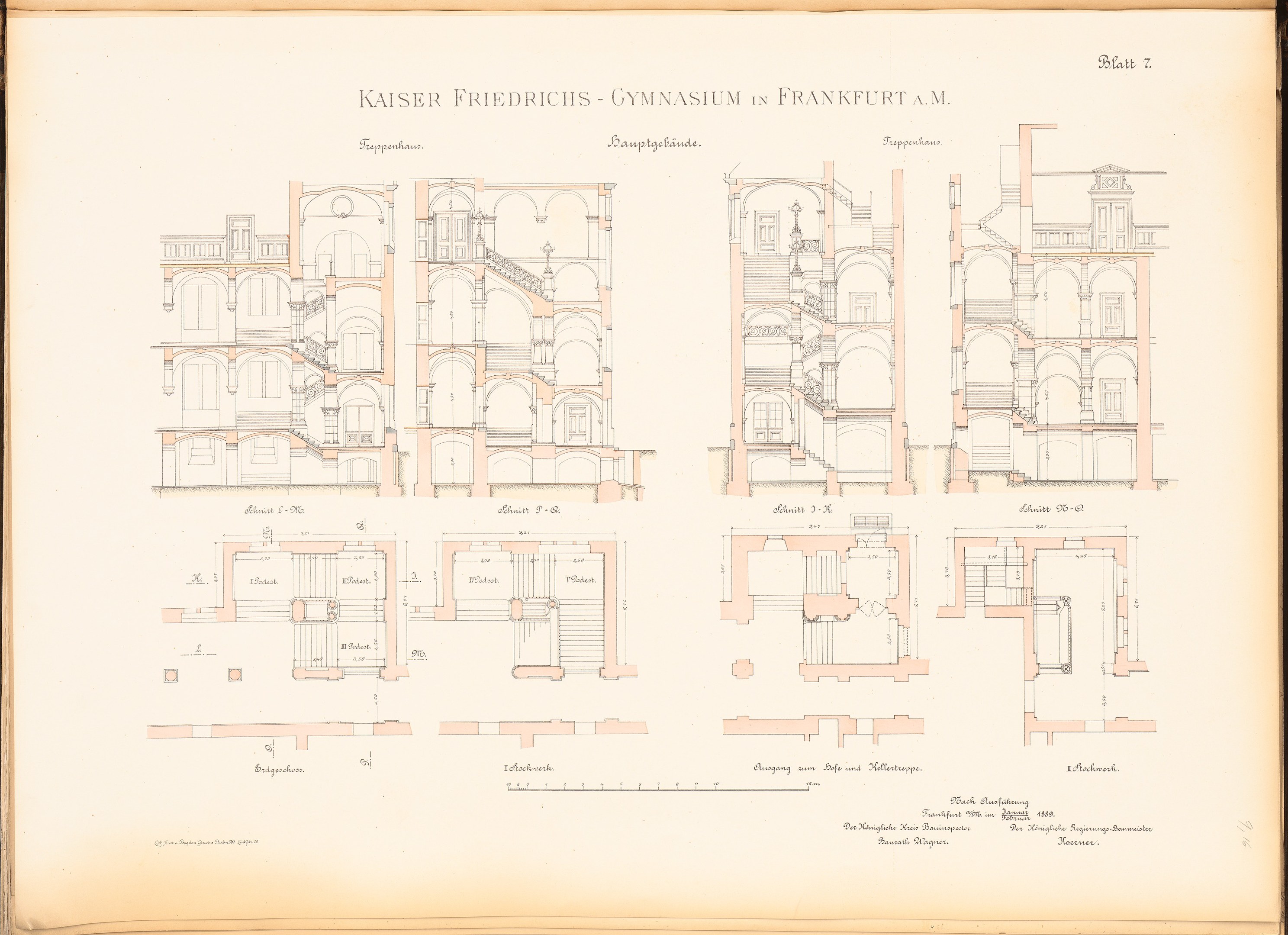 Alter Buchumschlag mit einem detaillierten architektonischen Zeichnung des Kaiser Friedrichs Gymnasiums in Frankfurt, Deutschland, mit sichtbarem Text und Raumlayouts.
