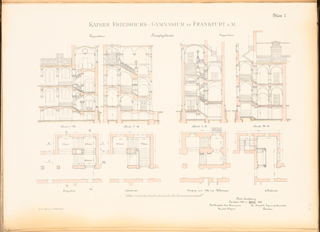 Alter Buchumschlag mit einem detaillierten architektonischen Zeichnung des Kaiser Friedrichs Gymnasiums in Frankfurt, Deutschland, mit sichtbarem Text und Raumlayouts.