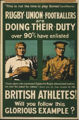 Ein Vintage-Plakat zeigt zwei Rugbyspieler und wirbt für ihre Einberufung, was darauf hinweist, dass über 90 % der britischen Athleten eingezogen sind.