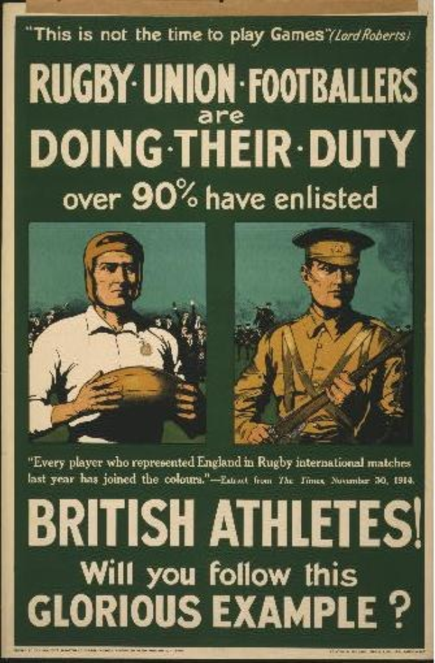 Ein Vintage-Plakat zeigt zwei Rugbyspieler und wirbt für ihre Einberufung, was darauf hinweist, dass über 90 % der britischen Athleten eingezogen sind.