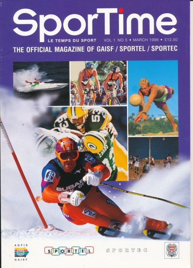 Ein Magazincover mit der Aufschrift "Sporttime Magazine - März 1996", das Bilder von Skifahren und Snowboarden sowie Text und Logos zeigt.