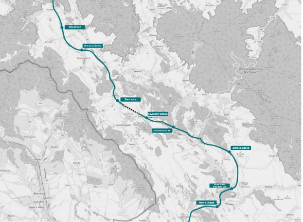 Eine Stadtkarte mit einer blauen Linie, die eine Radtourroute markiert, einschließlich Start- und Endpunkten.