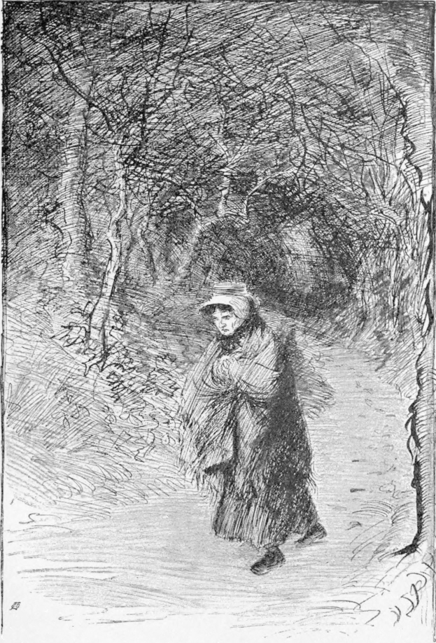 Alte Frau mit Hut auf einem Waldweg mit Bäumen und Text unten.