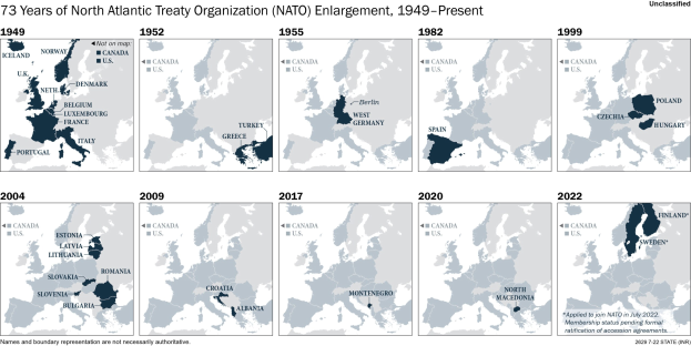 Karte zeigt NATO-Erweiterung von 1949 bis heute, mit Regionen farblich nach Jahr der Aufnahme codiert.