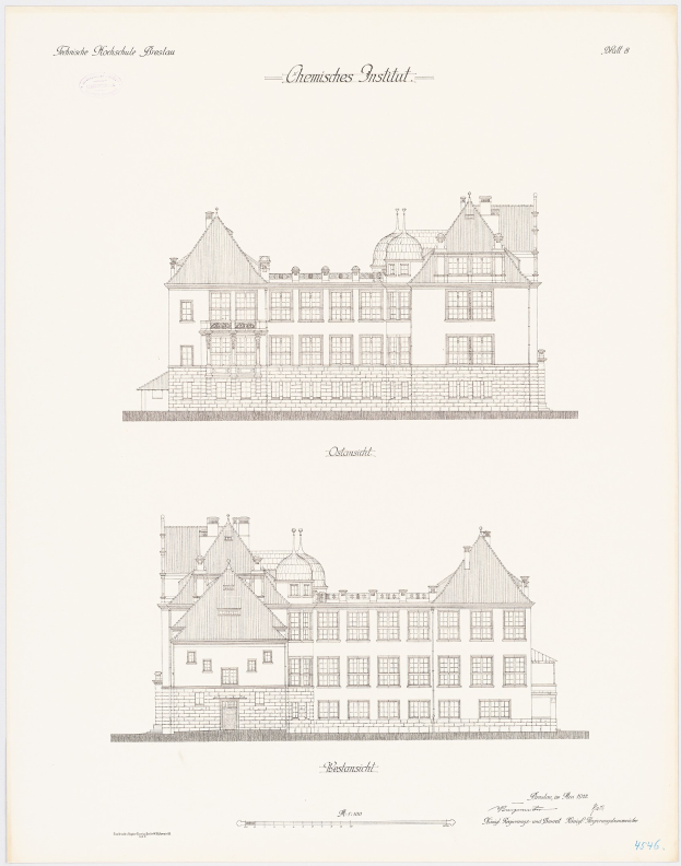 Eine handgezeichnete Skizze des Chemistes Institut-Gebäudes in den Niederlanden, die zahlreiche Fenster zeigt, auf einem Papier mit begleitendem Text.