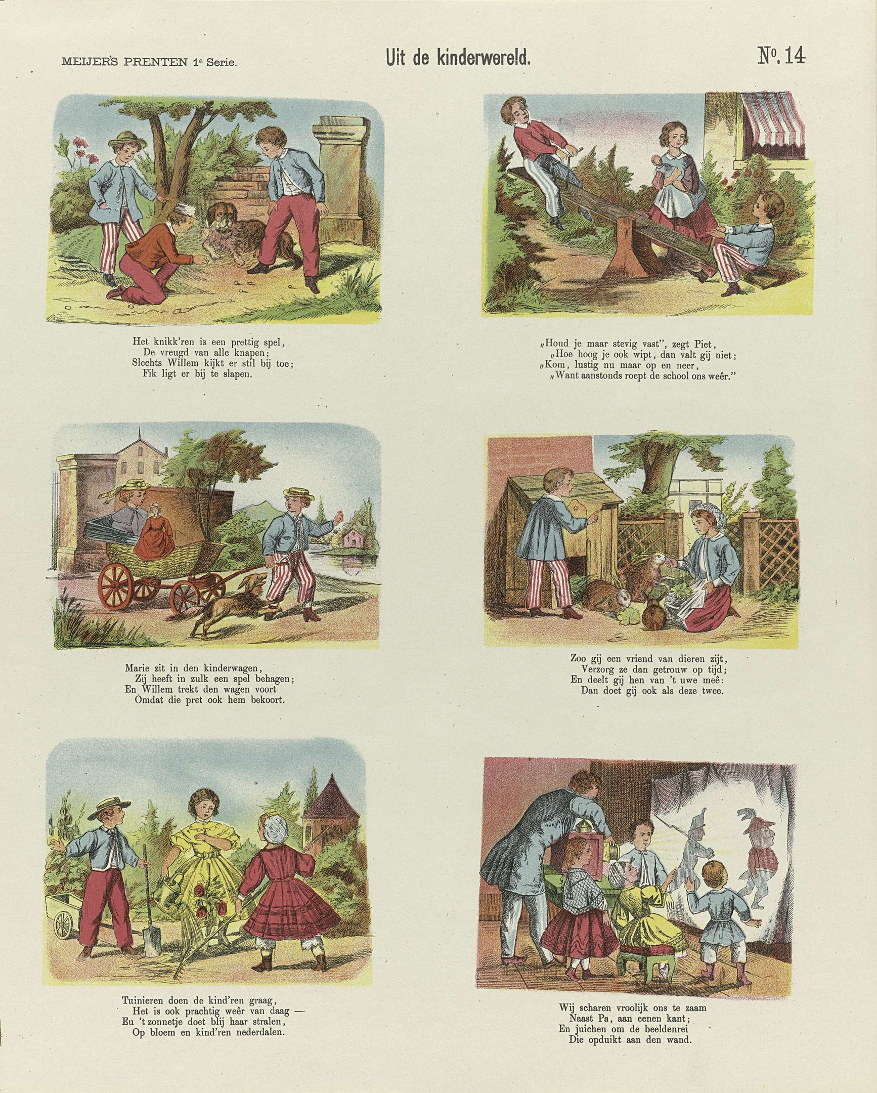 Ein aufgeschlagenes Buch mit Illustrationen von Kindern, die im Park spielen, umgeben von Bäumen, Gebäuden und einem Wagen, neben Text.