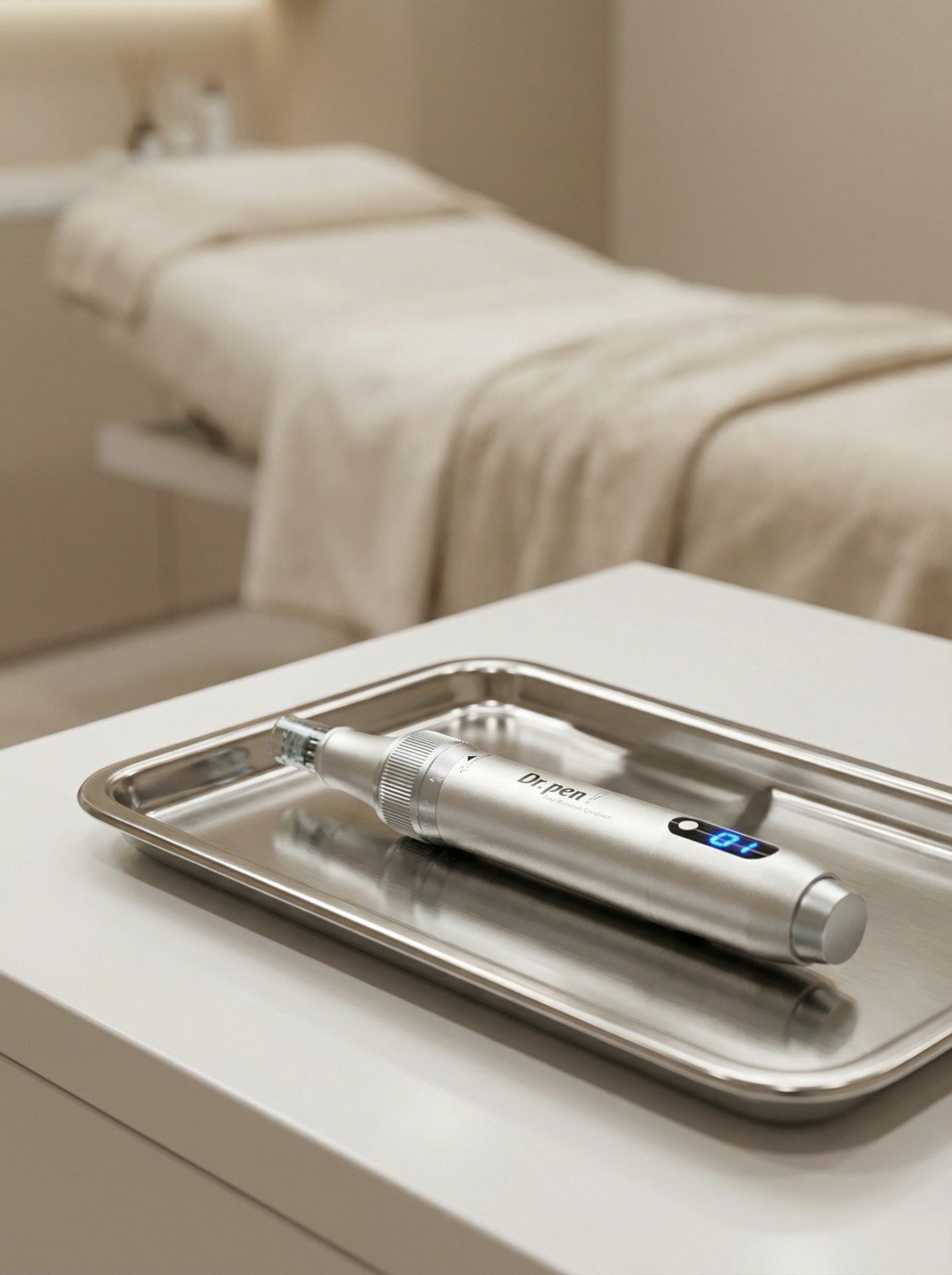 Ein modernes Microneedling-Gerät liegt auf einem sterilen Tablett in einem professionell eingerichteten Kosmetikstudio.