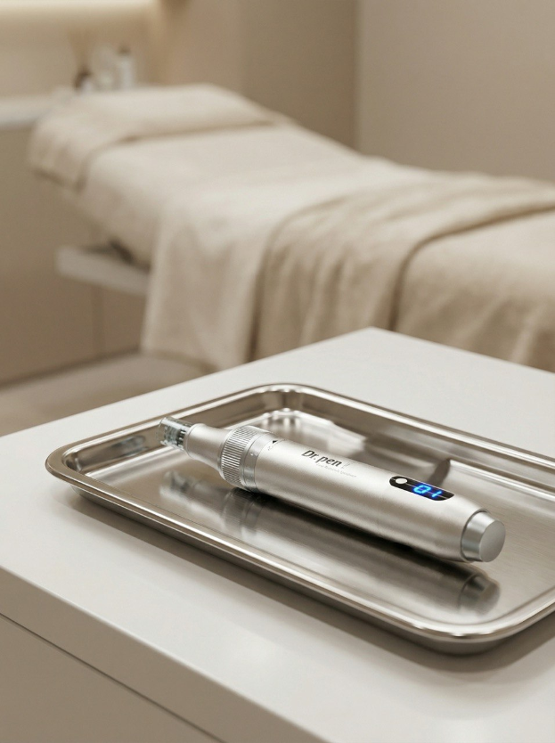 Ein modernes Microneedling-Gerät liegt auf einem sterilen Tablett in einem professionell eingerichteten Kosmetikstudio.