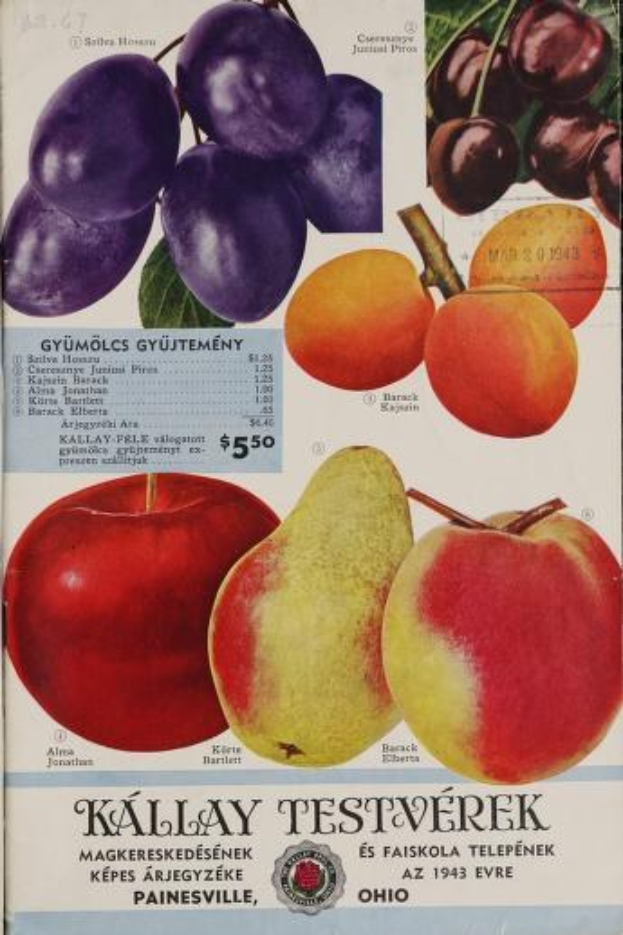 Ein altes Buch mit Äpfeln, Birnen und Pflaumen darauf, begleitet von einem Textplakat.