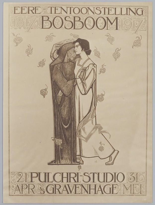 Ein Konzertplakat mit einem Mann im Anzug und einer Frau in Schürze, die nebeneinander stehen und ernst schauen, begleitet von Text, der das Ereignis beschreibt.