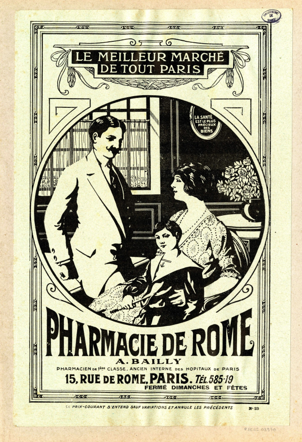 Schwarz-weiß-Werbung für eine Apotheke in Rom, mit einem Mann und einer Frau nebeneinander auf dem Plakat.